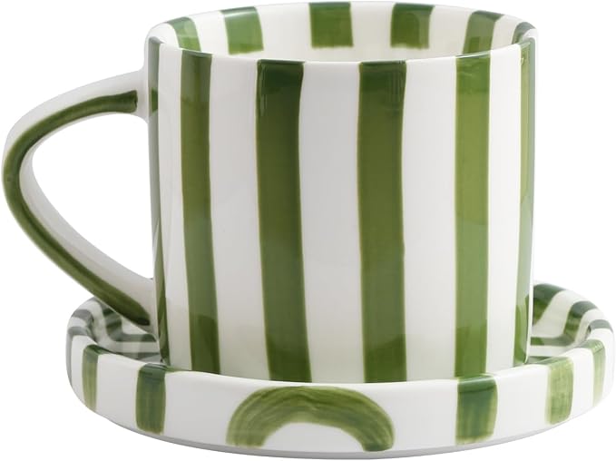 Cup and Saucer Set Hand-Painted Green Stripes, 8 Oz Ceramic Coffee Mug by Unknown