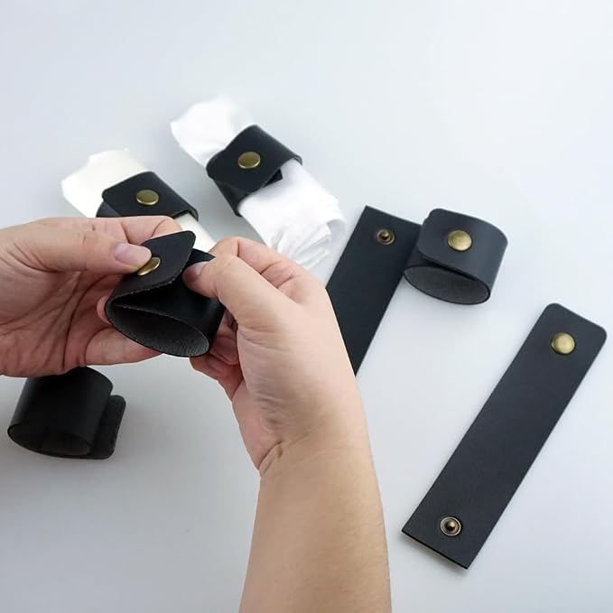 Saktopdeco Black Faux Leather Farmhouse Napkin Rings Set of 8 - Image 4