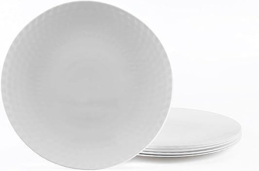 10.5 inch Dinner Plate Set of 6, Round Opal Glass Geometric Faceted White Dinnerware Plates, Dishwasher and Microwave Safe