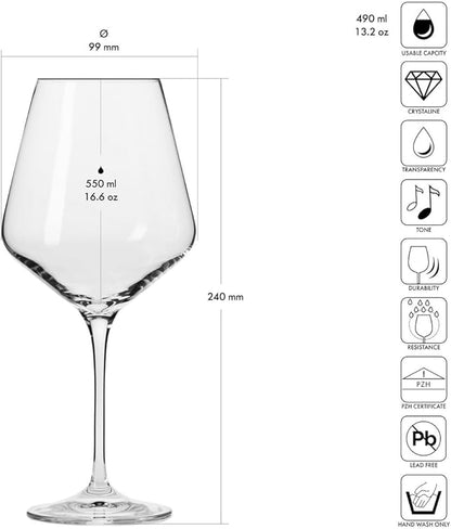 Krosno Classic Red Wine Glasses Set of 6 pieces, 16.6 oz, Avant-Garde Collection, Crystal Glass Thin Rim Long Stem Unique Elegant Premium, Dishwasher Safe, Made in Europe