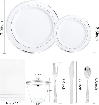 GATHER 350PCS Silver Plastic Plates - White and Silver Disposable Plates for 50 Guests Includes 100 Plate, 50 Napkins, 150 Silvery Cutlery and 50 Cups for Party & Wedding