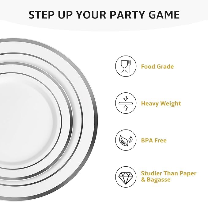 AOZITA 200Pcs Silver Plastic Plates, Disposable Plastic Party Plates - Image 3