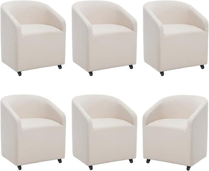 Modern Barrel Dining Chairs with Rolling Casters Set of 6, Upholstered Linen Swivel Dining Room Chairs with Wheels for Kitchen Living Room Home Office, Beige