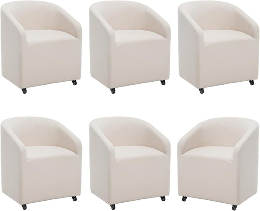 Modern Barrel Dining Chairs with Rolling Casters Set of 6, Upholstered Linen Swivel Dining Room Chairs with Wheels for Kitchen Living Room Home Office, Beige