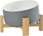 SPUNKYJUNKY 15° Slanted Ceramic Dog and Cat Bowl with Wooden Stand, Tilted Bulldog Food and Water Bowl No Slip Non-Spill for Cats Medium Dogs Big Face Pets 28.7 OZ (3.6 Cups, White-Grey)