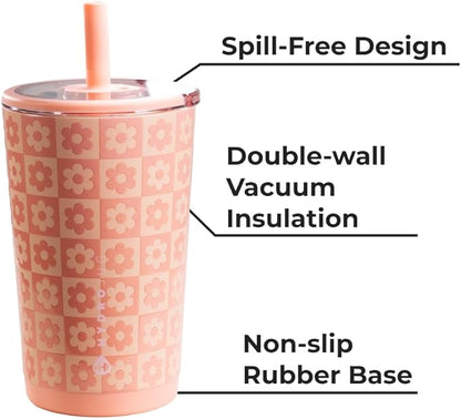 HydroJug Everyday Tumbler 14 oz – Ceramic-Lined Insulated Tumbler with Straw and Soft-Touch Lid, Cup Holder Friendly, Double-Wall Vacuum Insulation, Reusable Travel Cup – Daisy Checkers