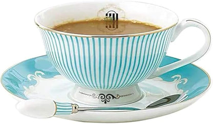 Ceramic Cup& Saucer Set, 6.8oz- Blue Stripe Pattern by YBK+Tech