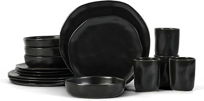 Stone by Mercer Project HEKONDA Modern Stoneware 16-Piece Dinnerware Set, Plate and Bowl Set, Dish Set for 4, Black