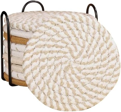 Coasters Set of 8, Cotton Woven, 4.3 inches, Minimalist Home Decor, Wooden by Unknown