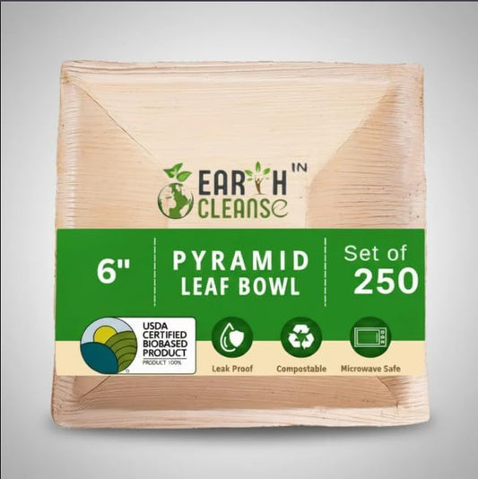 6 Inch Pyramid Compostable Palm Leaf Bowls | Pack of 250 | Eco Friendly Disposable Areca Leaf Bowls | Biodegradable, Plastic Free, Heavy Duty for Parties & Catering