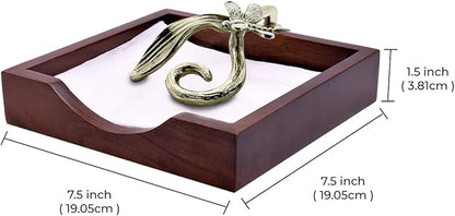 Napkin Holder - Solid Wood Brown Finish Home Decor & Kitchen Decor Table Countertop Serviette & Tissue Holder with Metal Ornament Arm in Silver Gold Finish - Indoor and Outdoor Use - Dragonfly Design