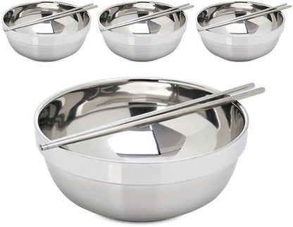 4 Pack 40 Oz Stainless Steel bowl set with chopsticks, Metal Double=walled Insulated noodle bowl, cereal, Ice Cream, Soup, Korean Ramen, 7 Inch