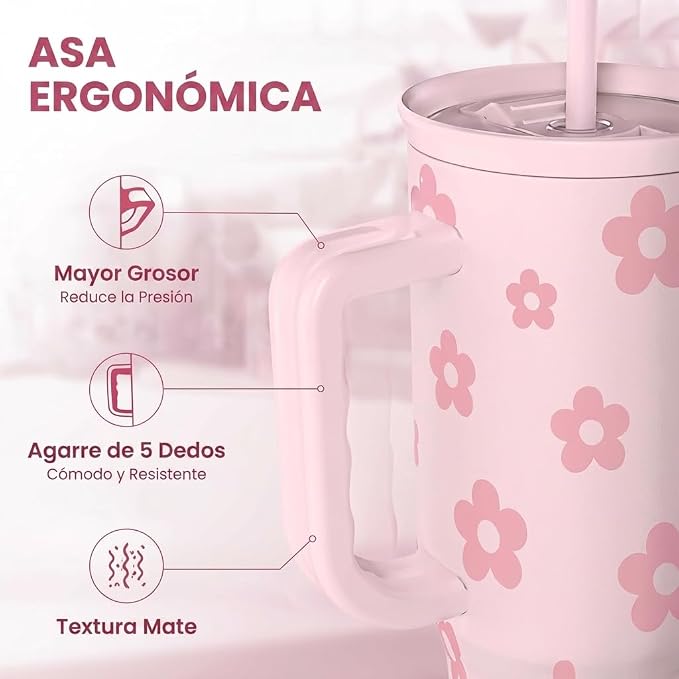 Floral Tumbler with Handle and Straw 40oz Stainless Sleel Slider Tumbler Travel - Image 3