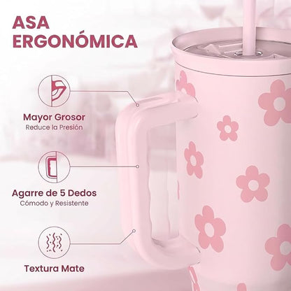 Floral Tumbler with Handle and Straw 40oz Stainless Sleel Slider Tumbler Travel - Image 3
