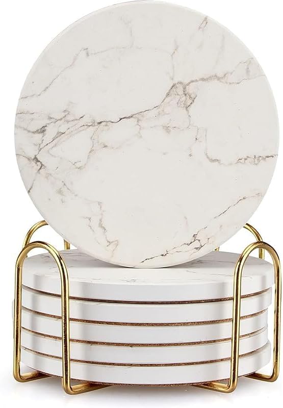 White Marble Coasters Set of 6 Absorbent Ceramic Cute Drink Coaster Holder | - Image 2