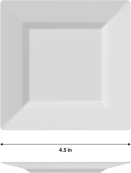 Exquisite Mini Disposable Appetizer Plates - 100 Pack 4.5 In. x 4.5 In. White Plastic Dessert Plates - Elegant Design for Weddings, Birthdays, and Formal Parties - Stackable and Convenient - BPA Free