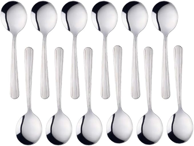 Bouillon Spoons Set of 12, 5.9 Inch Stainless Steel Soup Spoon, Metal Round by KitchenDining