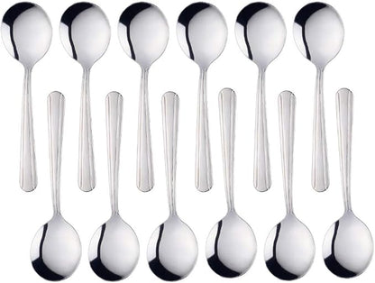 Bouillon Spoons Set of 12, 5.9 Inch Stainless Steel Soup Spoon, Metal Round by KitchenDining
