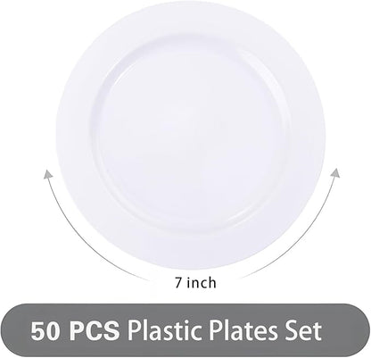 I00000 50 Pcs White Plastic Dessert Plates, 7.5 inch Disposable Salad Plates, Premium Appetizer Plates for Party, White Plastic Plates for Wedding