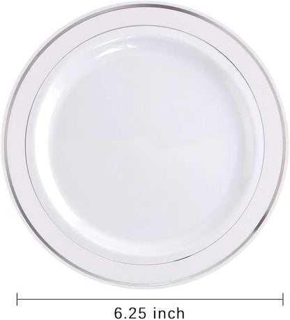 bUCLA 100Pieces Silver Plastic Plates - 6.25inch White with Silver Rim Disposable Salad/Dessert/Appetizer/Small Cake Plates for Weddings, Parties&Gathering