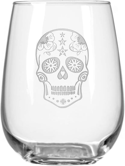Rolf Glass Sugar Skull Stemless Wine Tumbler 17 ounce - Stemless Wine Glasses - Lead-Free Glass - Etched Tumbler Glasses - Proudly Made in the USA (Set of 2)