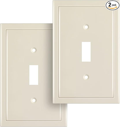 Henne Bery Modern Edge Decorative Wall Plate Switch Plate Outlet Cover, Durable Solid Zinc Alloy (Single Toggle 2PK, Light Almond)