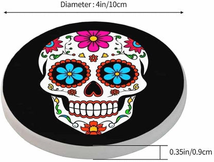 Sugar Skull Round Coaster for Home Coffee Table Human Head Mexican Spooky Skeleton Horror Bone Death Farmhouse Drink Coasters 100% Diatomite 4''X 4''X 0.35'' Printed Pattern