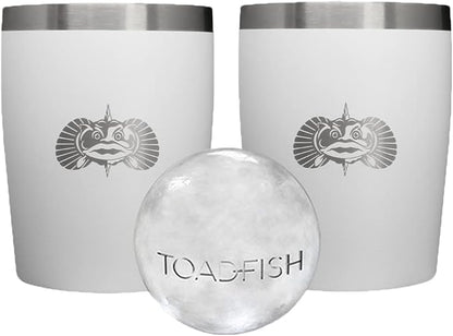 Toadfish Non-tipping 10oz Double Wall Insulated Stainless Steel Rocks Tumbler 2-Pack Gift Set w/Ice Ball Tray & Easy Slide Lid - White