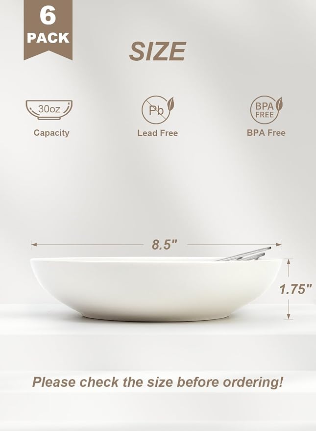 Quatish Pasta Bowls 30oz Set of 6, Salad Bowls Soup Bowl - Image 2