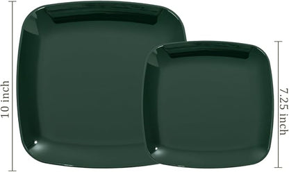 PULOTE 100PCS Green Plastic Plates - Green Square Disposable With Gold Rim - Include 50 Dinner 10inch, 50 Dessert 7.25inch Plates for Party&Christmas