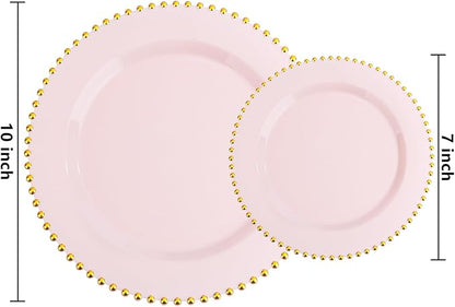 EI 60pcs Pink Plastic Plates with Gold Rim,Pink Party Plates Disposable,Heavy Duty 10" Dinner & 7" Dessert Plate Fancy Elegant Plate for Wedding,Birthday,Afternoon Tea,Valentine's Day