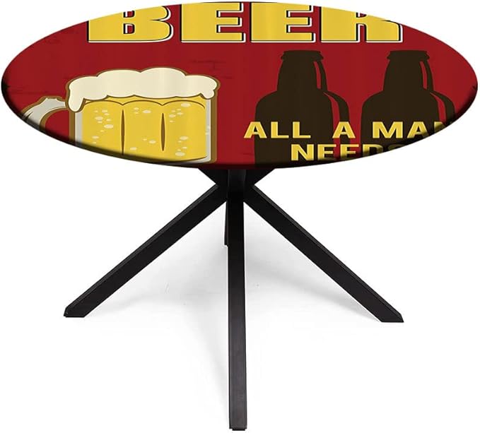 Small Round Tablecloth, Manly Decor Washable Polyester Table Cloth for, Beer Mug and Two Bottles with Quotes Beer All, Fit Round Tables 44inch Diameter, for Holiday Dining Table, Dinner, Party