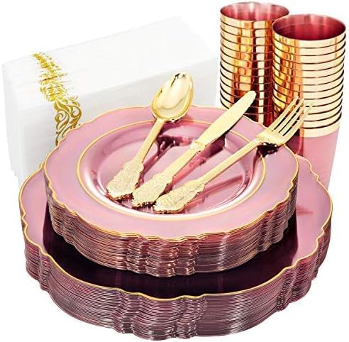 KIRE 210Pcs Clear Pink Plastic Plates by KIRE