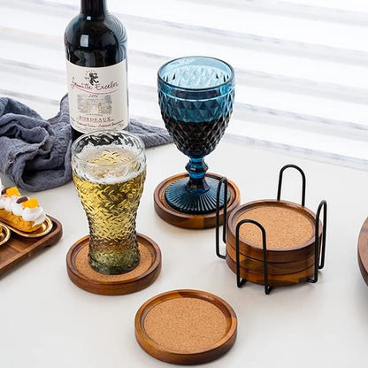 Acacia Wood Cork Coasters with Holder - Image 4