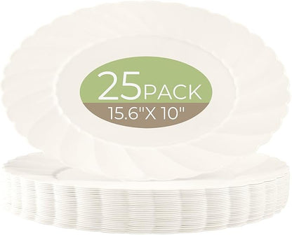 U-QE 25 Count Ivory Christmas Plastic Plates - 15.6 inch Oval Plates Disposable Plates Heavy Duty For Big Eaters, Ivory Disposable Platters Ideal for Christmas, Party, Picnic and Weddings