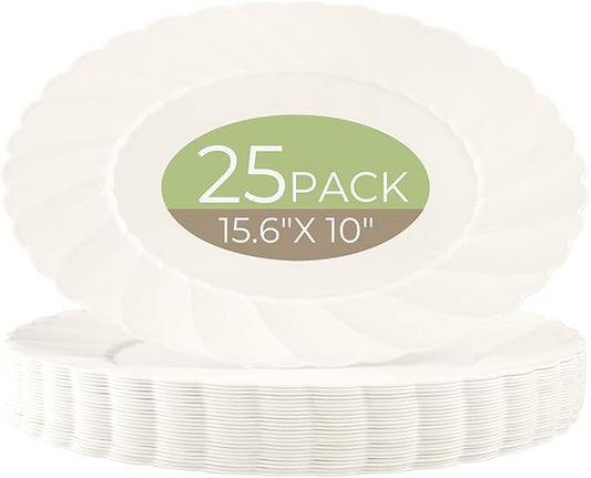 U-QE 25 Count Ivory Christmas Plastic Plates - 15.6 inch Oval Plates Disposable Plates Heavy Duty For Big Eaters, Ivory Disposable Platters Ideal for Christmas, Party, Picnic and Weddings