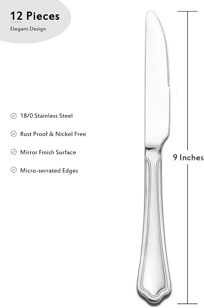 E-far Dinner Knives Set of 12, 9 Inch Stainless Steel Serrated Steak Butter - Image 2
