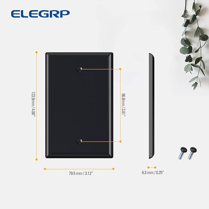 ELEGRP 1-Gang Blank Device Wall Plates, Mid-Size 4.88" H x 3.13" L Unbreakable Thermoplastic Blank Faceplate Cover for Unused Outlets/Switches, UL Listed (10 Pack, Glossy Black)
