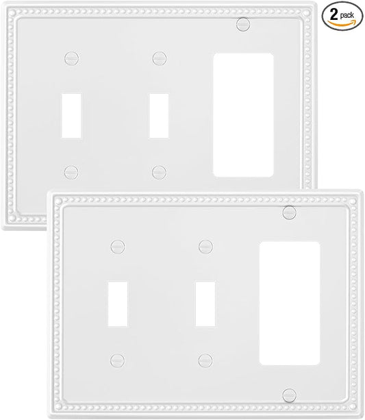 2-Pack Combo Decorator/Double Toggle Light Switch Cover Plate, Pure White Pearls Decorative Switch Plates and Outlet Covers, Metal Wall Plates for Electrical Outlets
