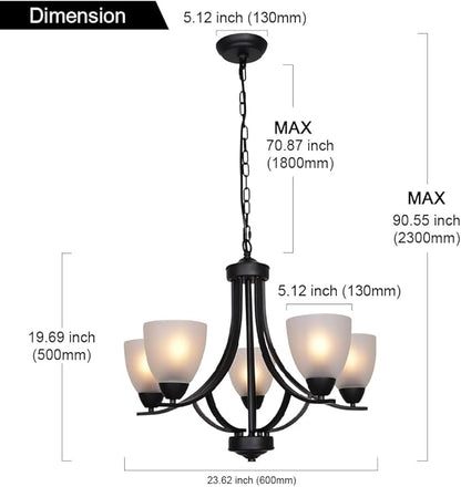 VINLUZ 5 Light Shaded Contemporary Chandeliers with Alabaster Glass Black Rustic Light Fixtures Ceiling Hanging Mid Century Modern Pendant Lighting for Dining Room Foyer Bedroom Living Room