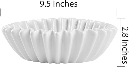 Large Ceramic Fruit Bowl Ivory Decorative Bowl for Coffee Table Entryway Kitchen Modern Home Decor Centerpiece 9.5 Inches Ruffle Fluted Scalloped Bowl