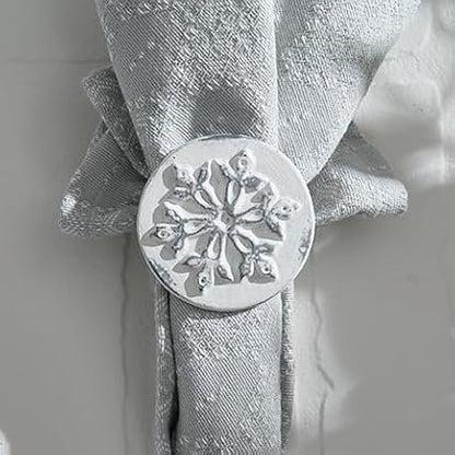 Park Designs Snowflake Napkin Ring Set of 4 | Rustic White Metal Napkin Holders with Embossed Winter Motif | Farmhouse & Christmas Table Decor