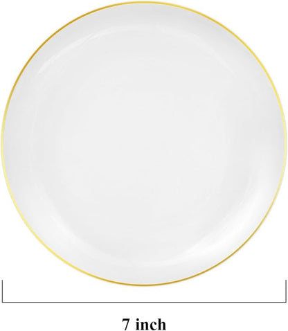 100 PCS Gold and White Plastic Plates, 7 inch White Disposable Plates for Party, Plastic Dessert/Salad Plates