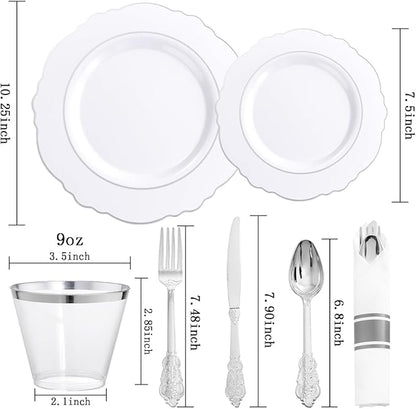 Liacere 350PCS Silver Plastic Plates-Disposable White and Silver Plates 50guest Baroque Plastic Dinnerware Set include 100Plates, 50Pack Pre Rolled Napkins with Silverware 50Cups Perfect for Christmas