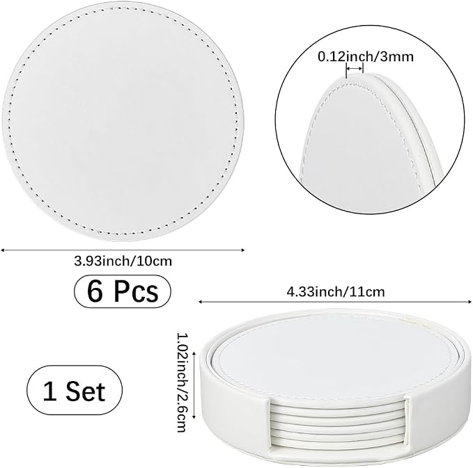 6PCS White PU Leather Cup Holders 4 Inch Leather Round Drink Coasters Spill - Image 2