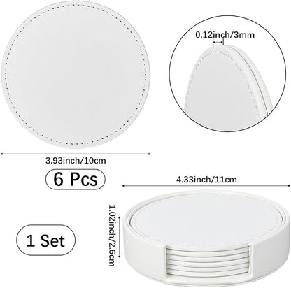 6PCS White PU Leather Cup Holders 4 Inch Leather Round Drink Coasters Spill - Image 2