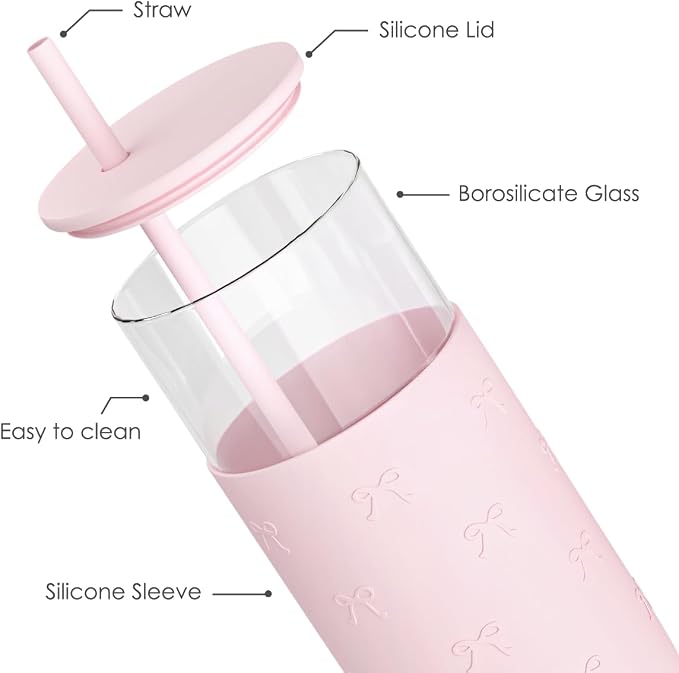 SANDJEST Glass Tumbler with Straw and Lid, Bow Glass Water Bottle with Silicone - Image 2