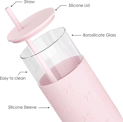SANDJEST Glass Tumbler with Straw and Lid, Bow Glass Water Bottle with Silicone - Image 2