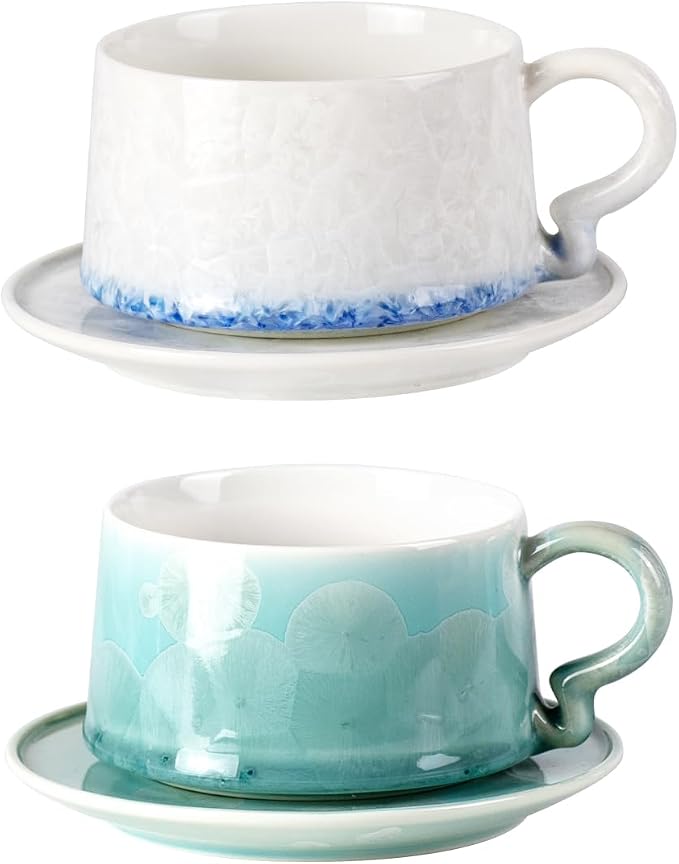 KAMMAK Tea Cups and Saucers Set of 2, 7.5 oz Glaze Coffee Mugs, 726N | by KAMMAK