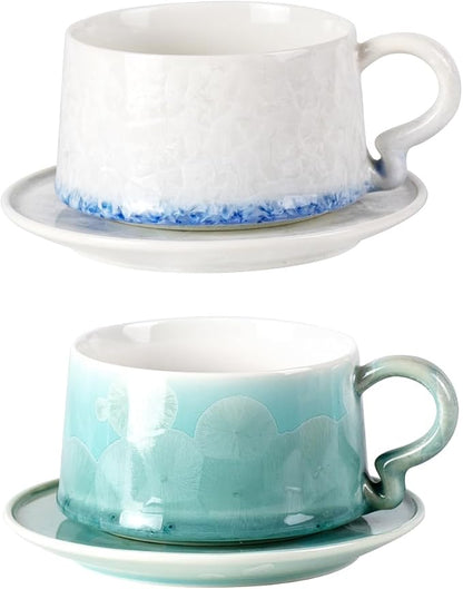 KAMMAK Tea Cups and Saucers Set of 2, 7.5 oz Glaze Coffee Mugs, 726N | by KAMMAK